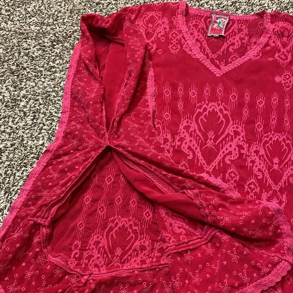 Johnny Was Oversized Boho Embroidered Eyelet Top Fuchsia Pink - Picture 7 of 9